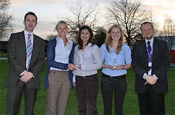 Pictured left to right: David Hallas, General Manager at Intervet / Schering-Plough Animal Health, Charlotte Cockburn, RVC (joint winner), Hayley Harwood, Edinburgh (joint winner), Holly Claridge, RVC (equine winner), Mike Francis, Head of R&D at Intervet / Schering-Plough. 