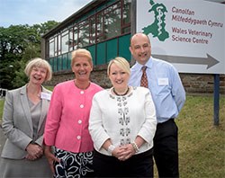 Rebecca Evans was joined for the launch by Professor Christianne Glossop, Chief Veterinary Officer for Wales, Professor April McMahon, Vice-Chancellor Aberystwyth University, and Mr Phil Thomas, Director, Iechyd Da.
