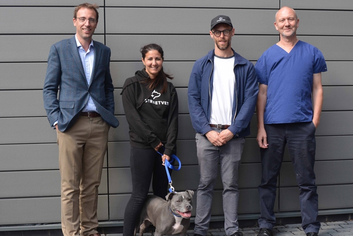 L-R Peter Laurie (Battersea), Jade Statt and Sam Joseph (StreetVet), Shaun Opperman (Battersea) and Blue the Staffie