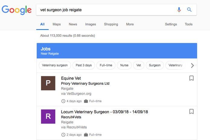 Google has launched Google for Jobs, a new search tool which presents the jobseeker with a list of jobs from a variety of different sources, including VetSurgeon Jobs.