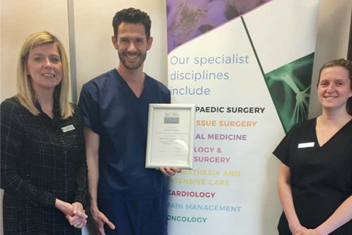 Matt Gurney, European Veterinary Specialist in Anaesthesia and Analgesia (centre) with Kathryn Humphreys, Head of Nursing, (right), Jenny Pearson, support Services Manager, (left) with the RCVS Hospital Accreditation.